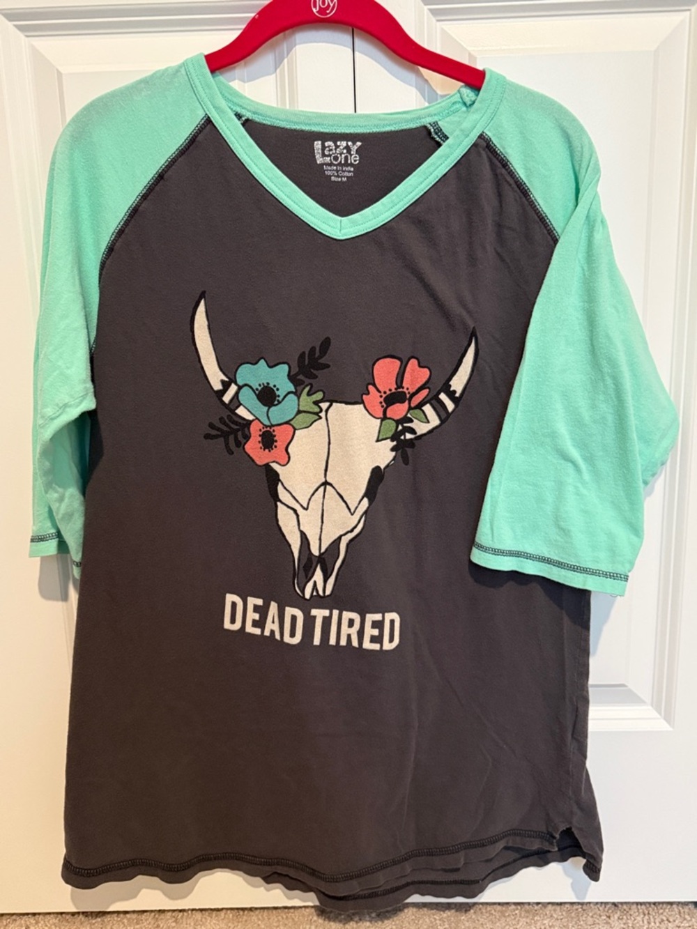 Lazy One Charcoal Tee with Mint Raglan Sleeves and Floral Skull